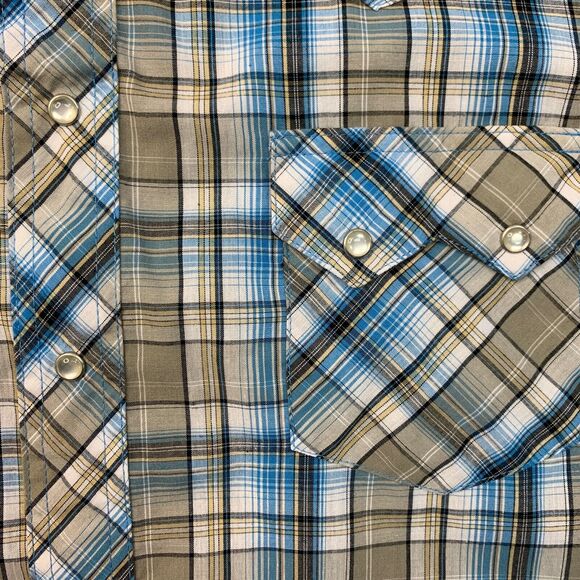 Wrangler Shirt Mens M Stone Blue Plaid Western Yoke Pearl Snap Button Pockets - Picture 4 of 10